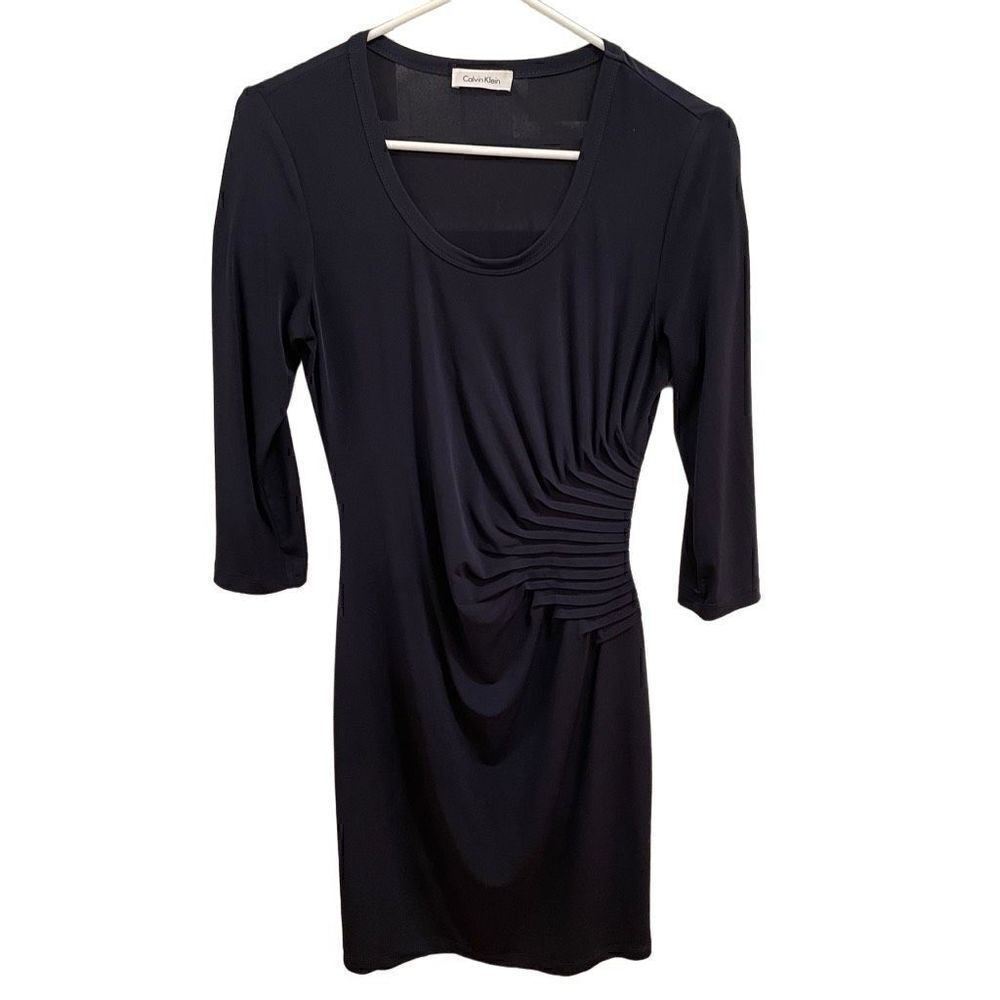 Calvin Klein Dress Womens Side Pleated Sheath Navy 3/4 Sleeve Work Church Outfit